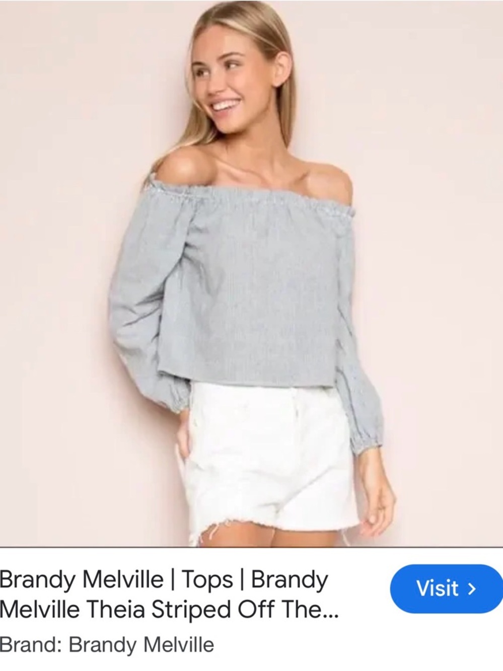 Brandy Melville Blue and White Pinstripe Off-Shoulder Blouse